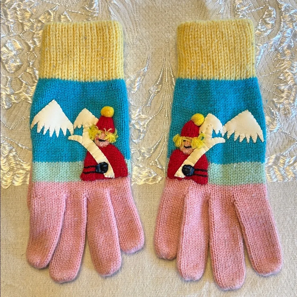 Colorful Ladies Winter Gloves with Adorable Leather Skiing Design; Lightly Worn!